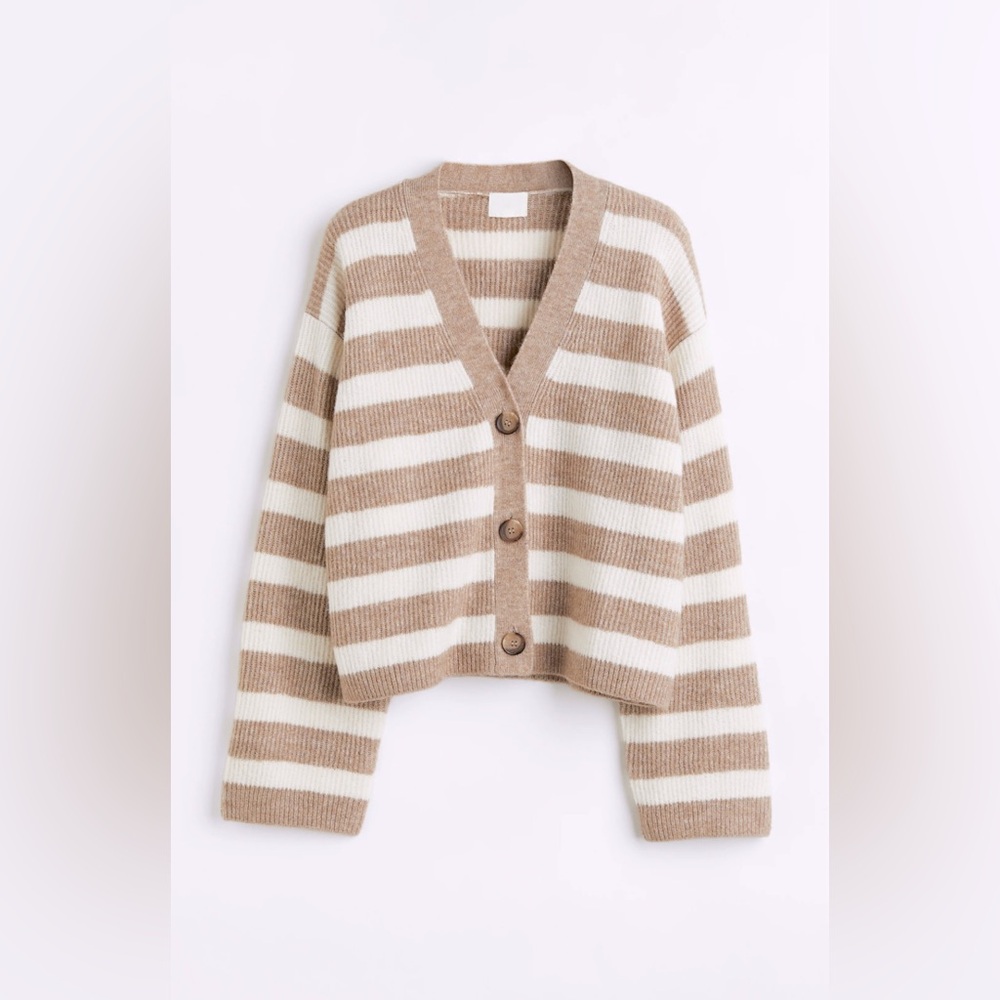 H&M Tan & Cream Striped oversized rib knit Cardigan Sweater women's size Small